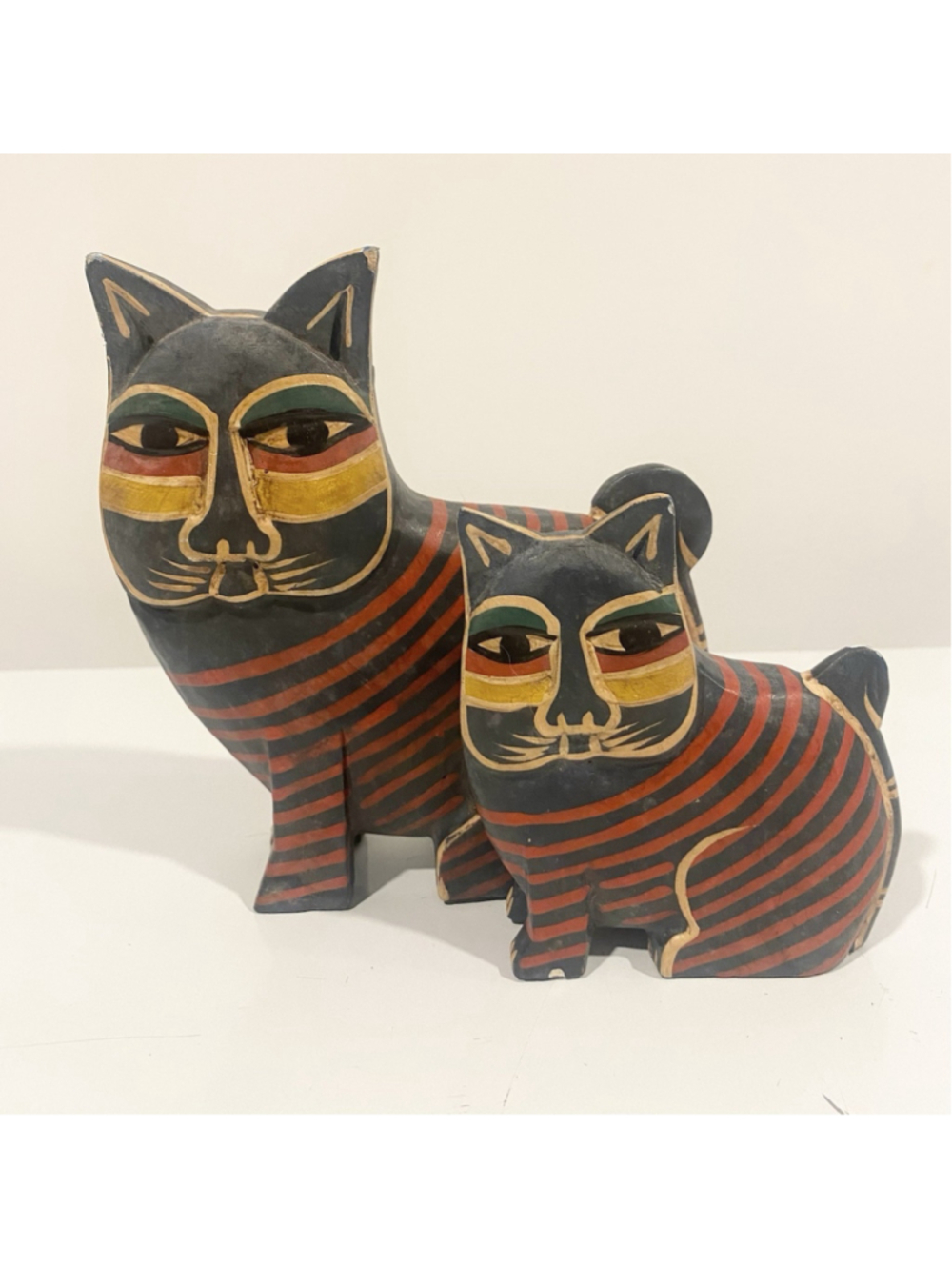Vintage Style Hand Painted Wooden Cat Figurines Pair Folk Art Laurel Burch Style